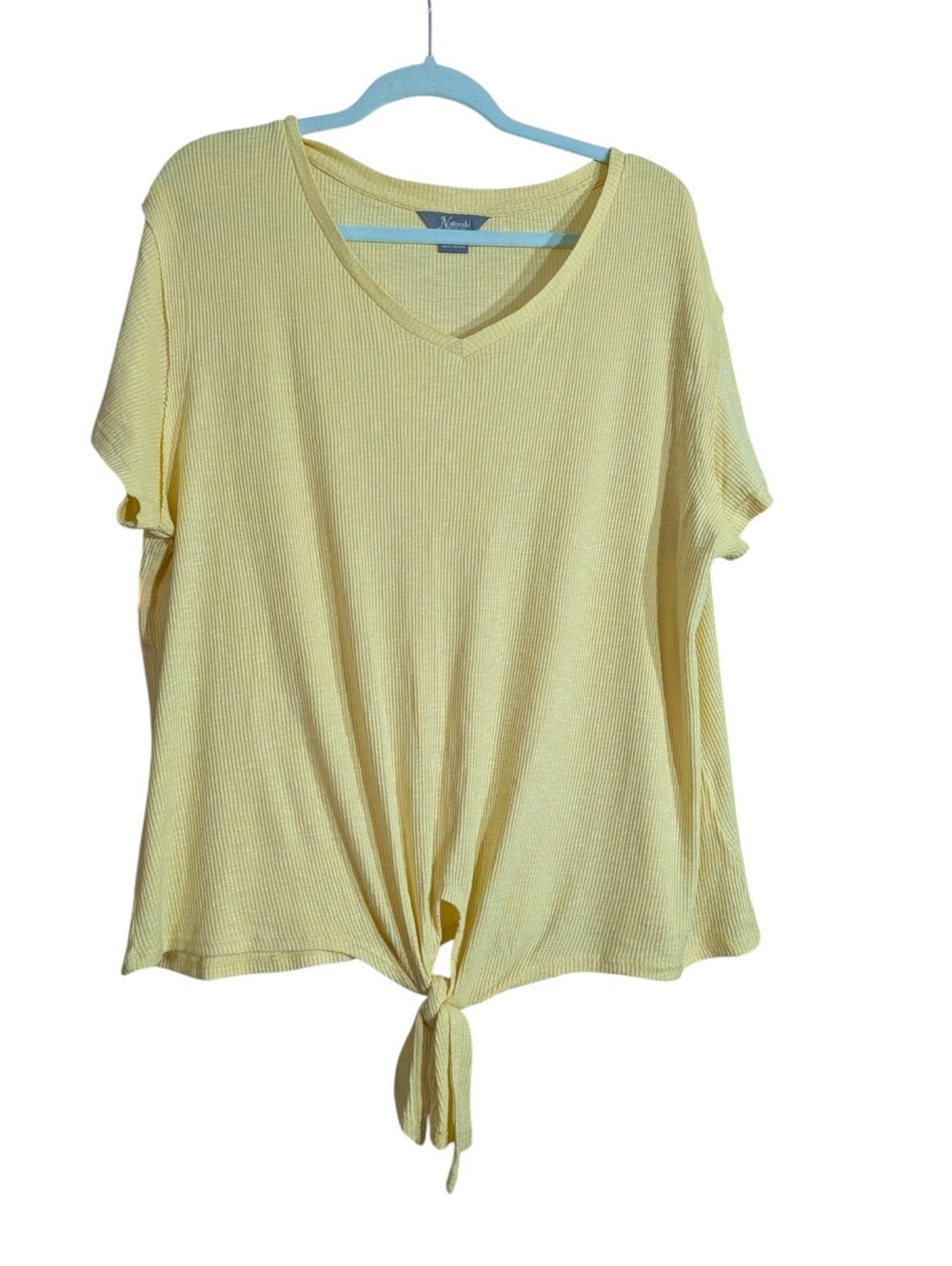 Natural Reflections Yellow Ribbed Tie Front Top Plus Size 1X Soft Stretch V Neck - Picture 2 of 8